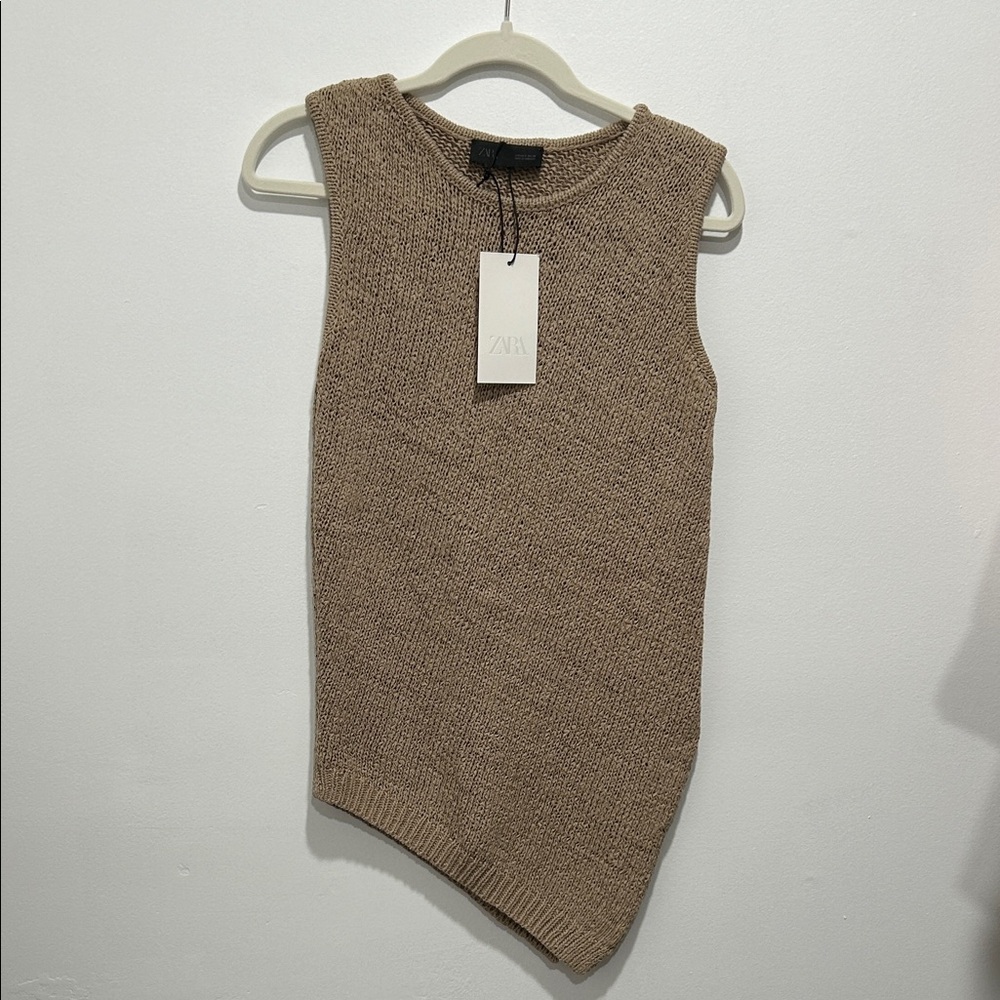 Zara Sleeveless Knit Top in Taupe with Angled Hem